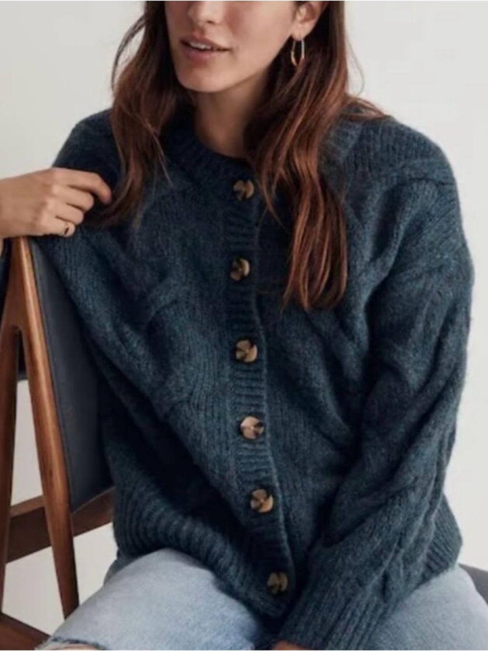 Madewell Cable Ashmont Cardigan Sweater Mineral Blue Wool Blend Quiet Luxury